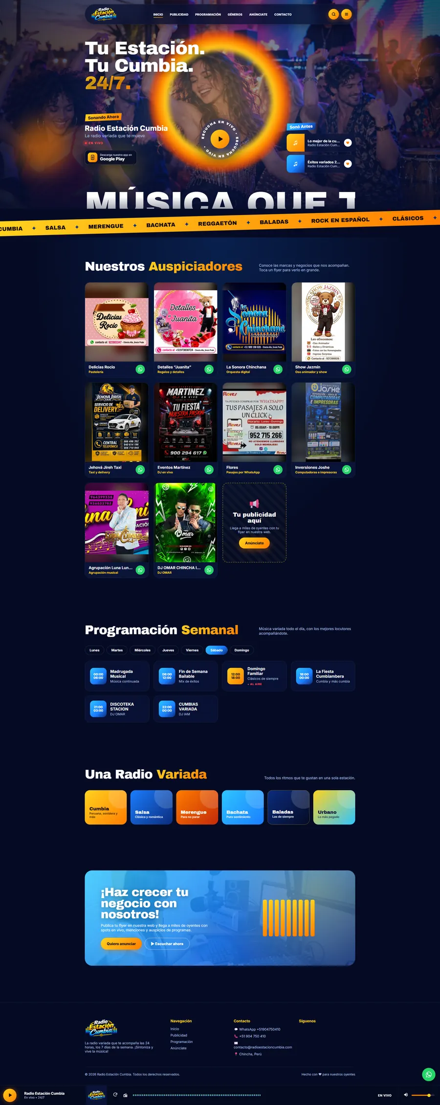Página web con reproductor en vivo de Radio Estación Cumbia, hecha por Kuayni