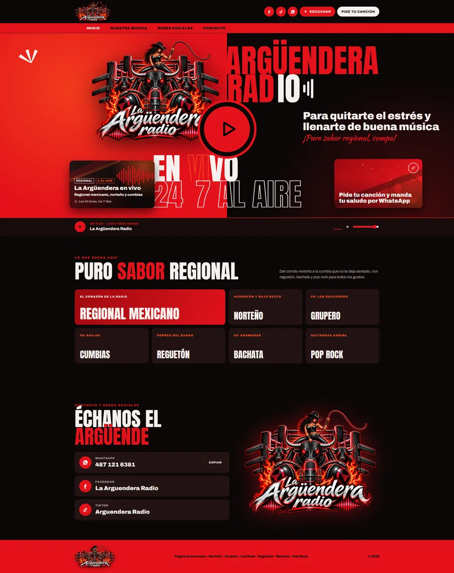 Página web con reproductor en vivo de La Argüendera Radio, hecha por Kuayni