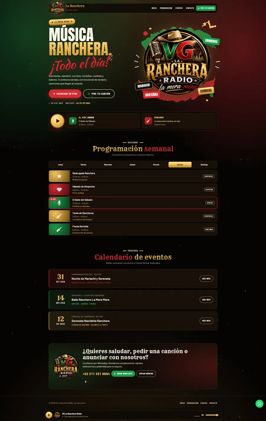 Página web con reproductor en vivo de VG La Ranchera Radio, hecha por Kuayni