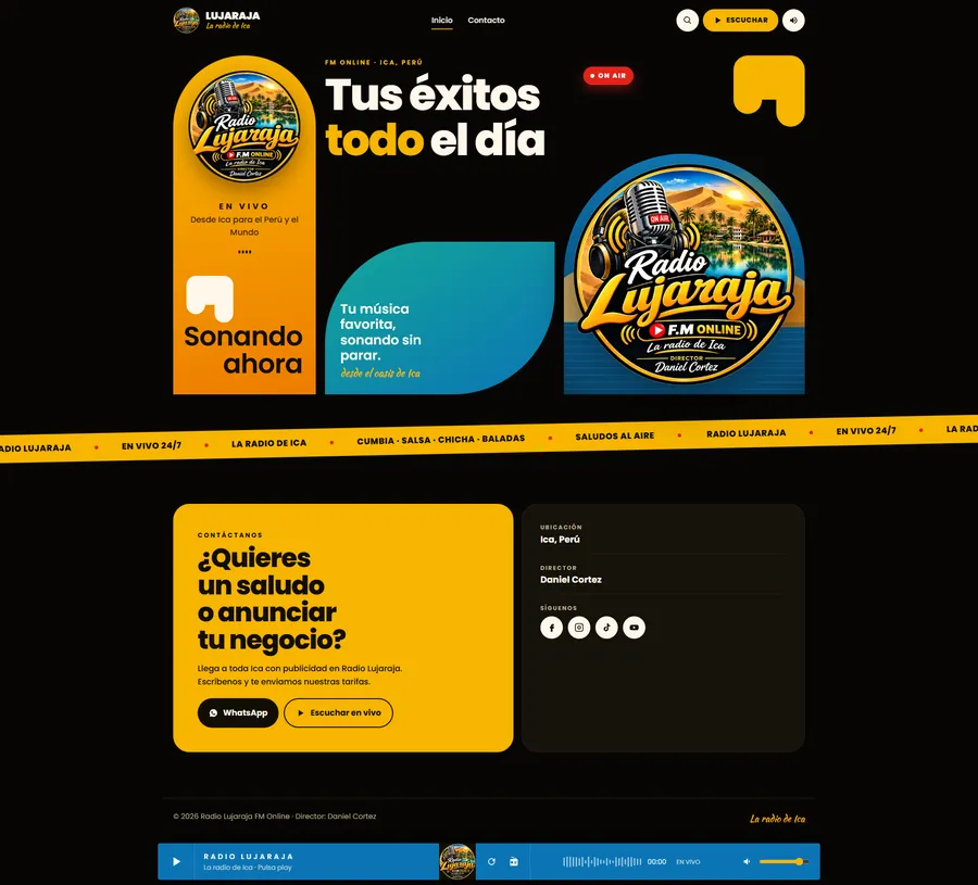 Página web con reproductor en vivo de Radio Lujaraja, hecha por Kuayni