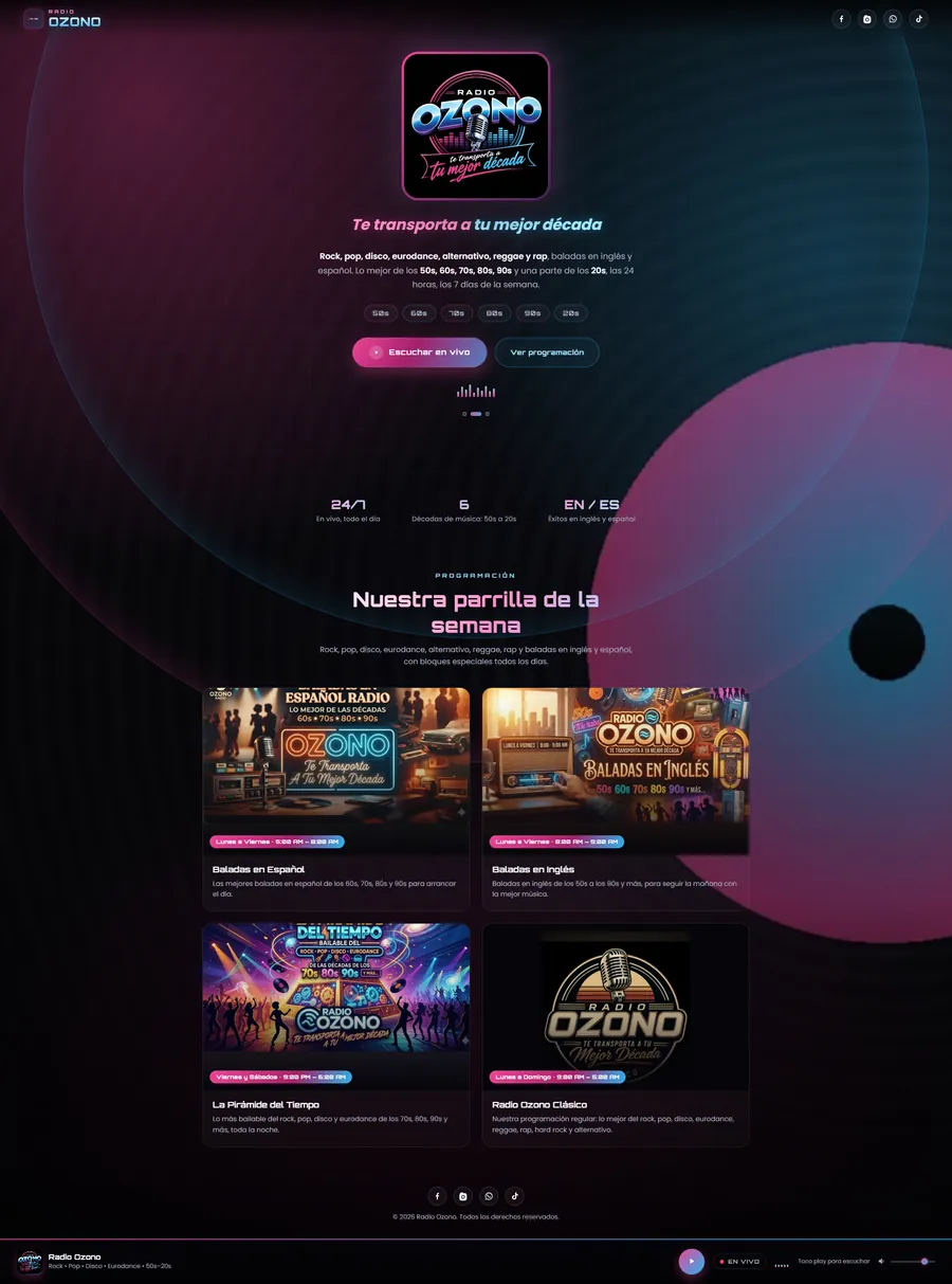 Página web con reproductor en vivo de Radio Ozono, hecha por Kuayni