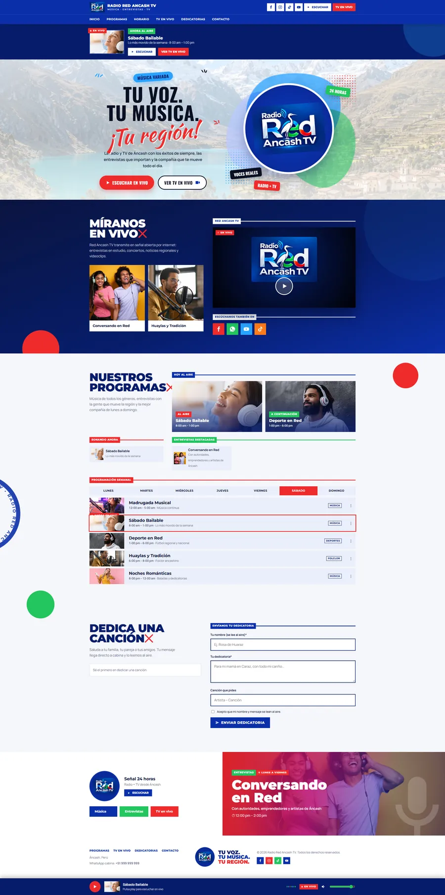 Página web con reproductor en vivo de Radio Red Áncash TV, hecha por Kuayni