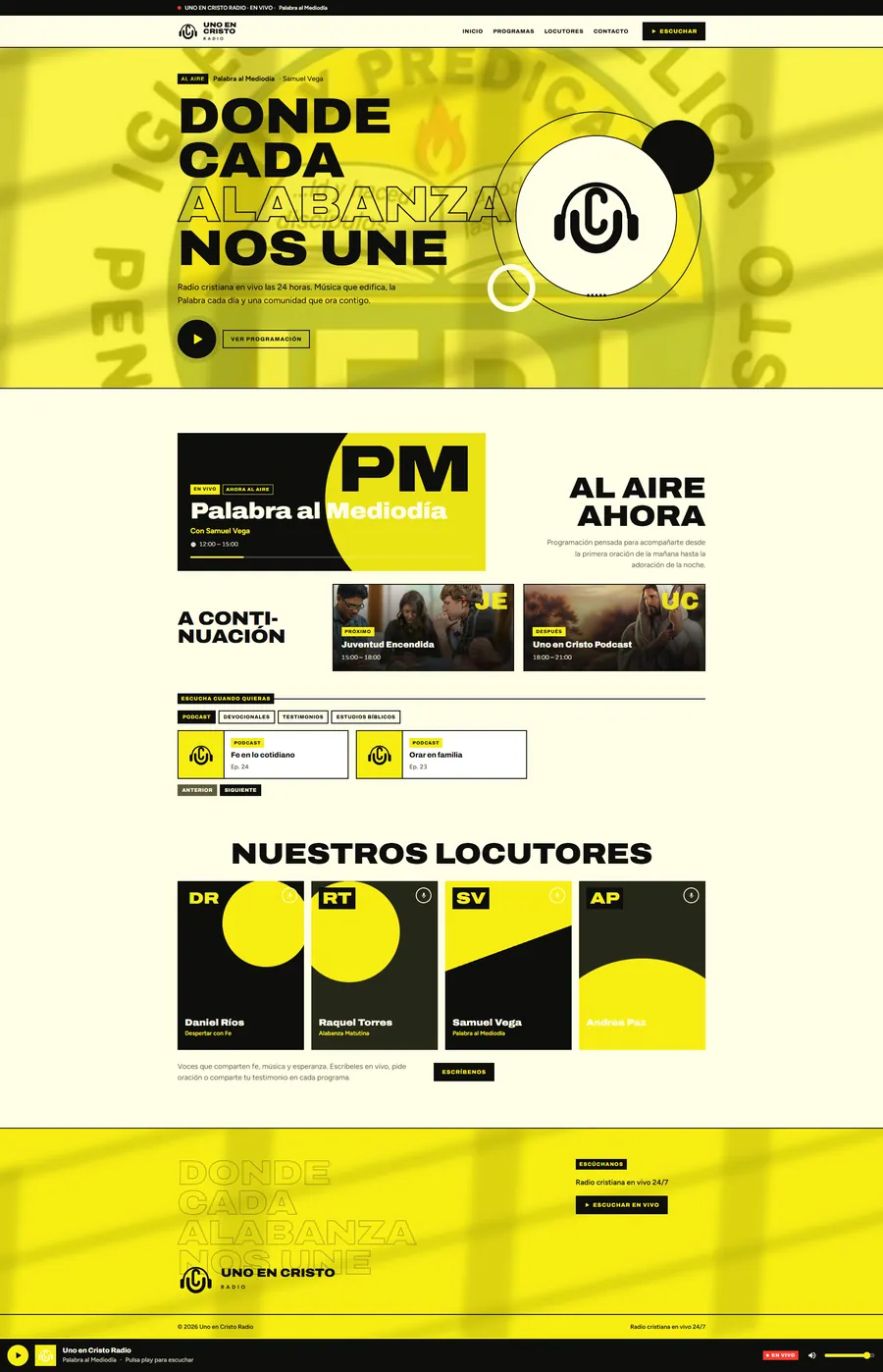 Página web con reproductor en vivo de Uno en Cristo Radio, hecha por Kuayni