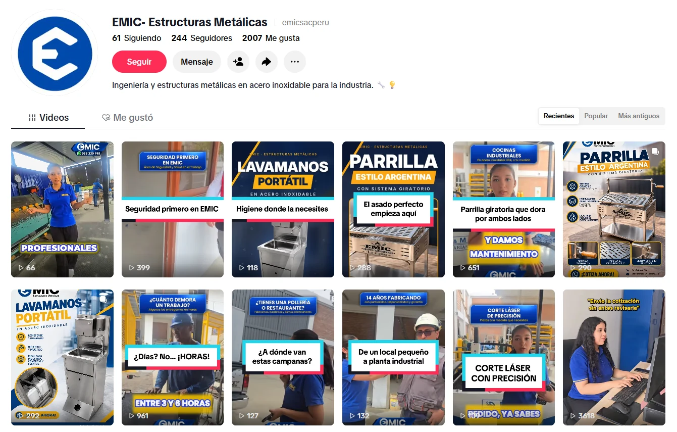 Perfil de TikTok de EMIC Estructuras Metálicas gestionado por Kuayni