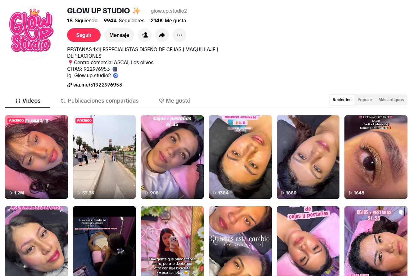 Perfil de TikTok de Glow Up Studio gestionado por Kuayni