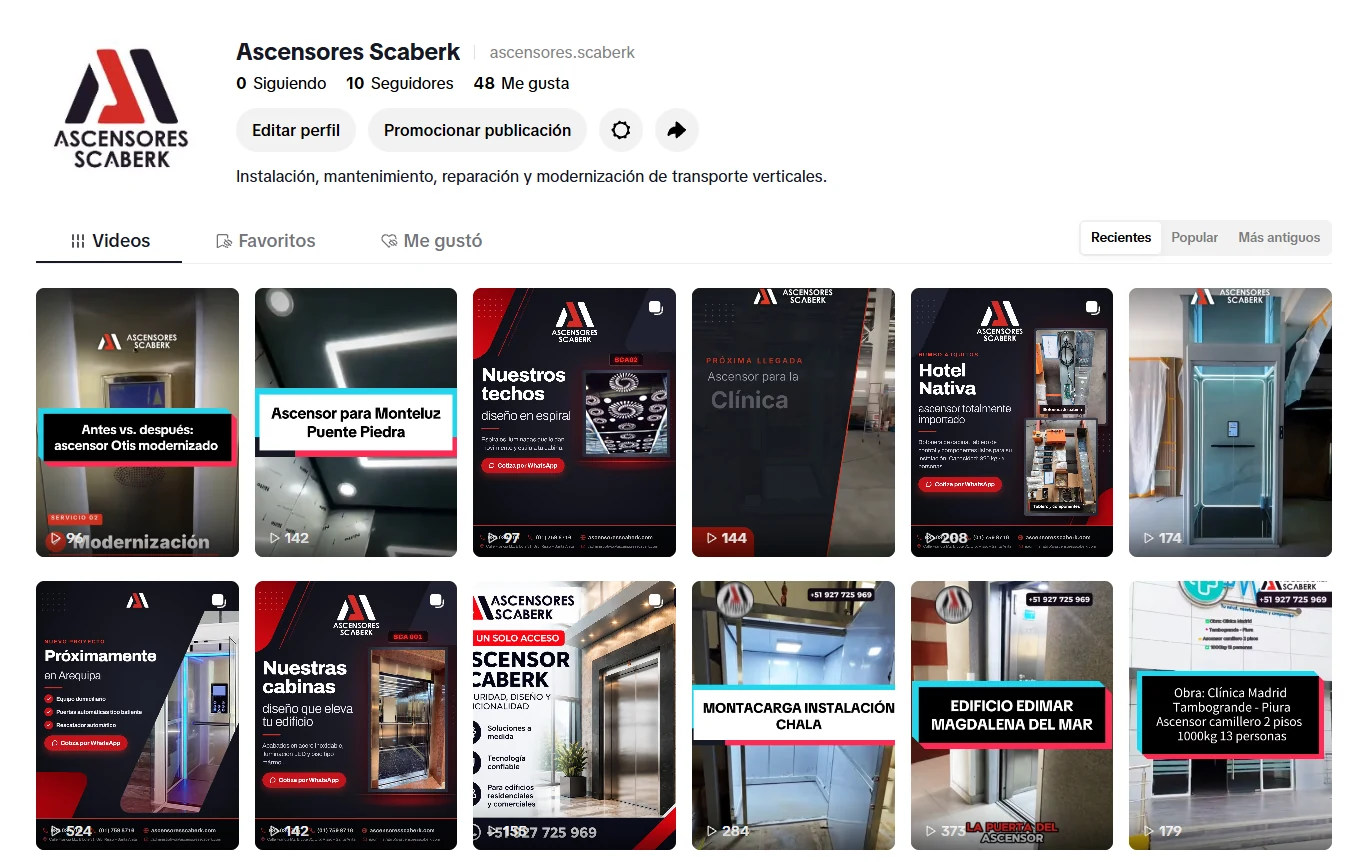 Perfil de TikTok de Ascensores Scaberk gestionado por Kuayni